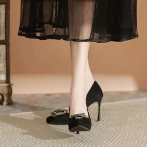 스파이더맨 여성 검정 하이힐 프렌치 큐빅 힐 스틸레토 플로럴 펌프스 가보시 OPH5