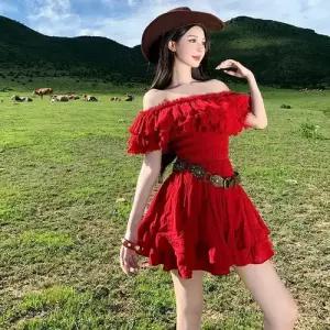 EAMT 여자 원피스 치마 레드 쉬폰 프렌치 바캉스룩 일자 어깨 슬림핏 EUNG1