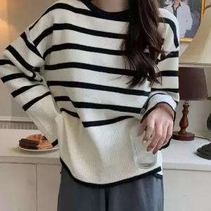 여성 배색 스트라이프 줄무늬 단가라 니트 티셔츠 기본티 크롭티 빅사이즈 여름 긴팔티