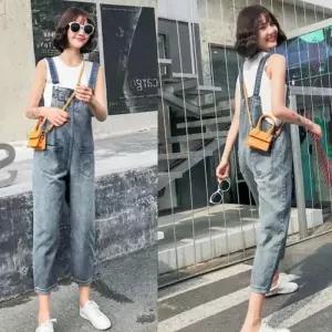 청 데님 점프수트 멜빵 바지 날씬핏 팬츠 (8296798A)