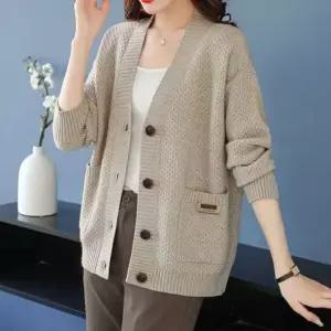 와플 니트 베이직 V넥 가디건 봄가을 겨울 아우터 여성 루즈핏 무지