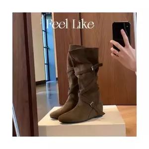 키체샵 여성 스트랩힐 양가죽 키높이 라운드 스트랩 소프트셔링 슬림 미들부츠 HO5