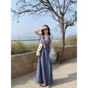 스파이더맨 여름 치마 원피스 여성 롱 나시 바캉스룩 홀터넥 슬림핏 체크 OPH1