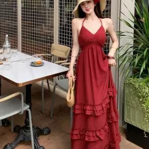 스파이더맨 여친 원피스 빨강 빈티지 나시 바캉스 브이넥 해변 롱스커트 프렌치 OPH1