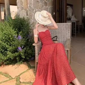 스파이더맨 여성 원피스 레드 빈티지 여름 프렌치 도트 나시 해변 바캉스룩 롱스커트 OPH1