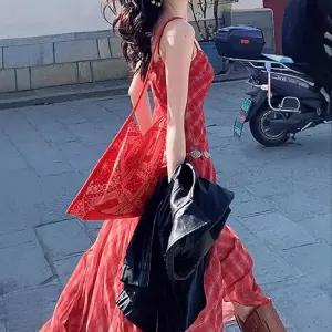 스파이더맨 원피스 레드 롱 캐주얼 여자 나들이 코디 슬림핏 체크 나시 OPH1