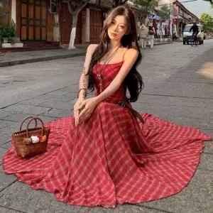 스파이더맨 여성 캐주얼 슬림핏 레드 체크 롱 나시 원피스 OPH1