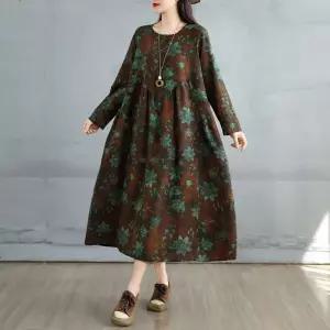 스트레인지 빈티지 가을 원피스 여성용 프린트 빅사이즈 A라인 플라워 데일리룩 면마 슬림핏 KUK3