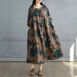 스트레인지 원피스 가을 빈티지 여친 슬림핏 면마 데일리룩 빅사이즈 프린트 플라워 A라인 KUK3