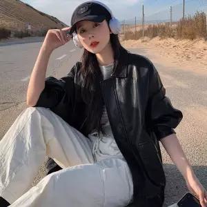 와칸다 여자 여친 브라운 가을 빈티지 재킷 가죽 인조 코트 여항풍 루즈핏 라이더 자켓 KKE3