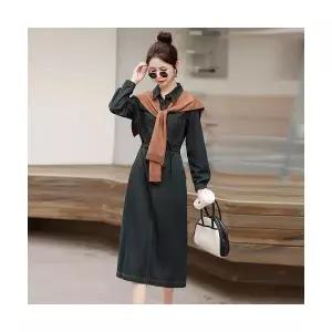 EAMT 여자 청치마 데님 가을 긴팔 원피스 스커트 숄 캐주얼 셔츠 배 EUNG3