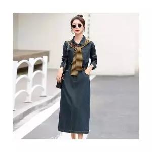 EAMT 여자 청치마 배색 숄 오버 깃 원피스 롱스커트 데님 스트라이프 셔츠 조거 가을 EUNG3