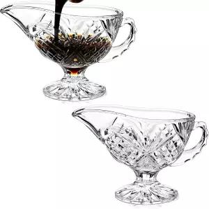 Seuqhck 2팩 11.8온스 유리 그레이비 보트 손잡이 투명 소스 크리스탈 볼 식사 샐러드 드레싱 블랙 페퍼