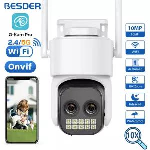 BESDER 10MP WiFi 카메라 PTZ 야외 듀얼 렌즈 인체 감지 8배 디지털 줌 양방향 오디오 5MP CCTV 보안 IP 카
