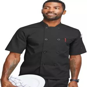 ChefUniforms.com 남성 셰프 코트 경량 더블 가슴 반팔 프로페셔널 주방 유니폼 플라스틱 버튼