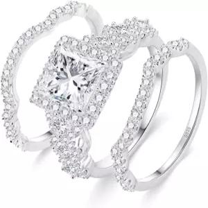 여성용 3CT 모이사나이트 웨딩 링 세트 D 컬러 VVS1 프린세스 컷 헤일로 브라이덜 밴드 S925 스털링 실버