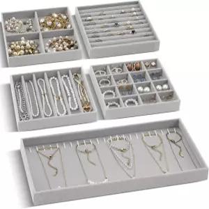 서랍용 14인치 벨벳 주얼리 스태커블 정리함 트레이 5개 세트 목걸이 귀걸이 반지 시계 팔찌용 탈착식