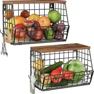 CHOEZON 주방용 2단 과일 바구니 나무 뚜껑이 있는 쌓을 수 걸이 와이어 채소 보관 소박한 갈색 및 검은색