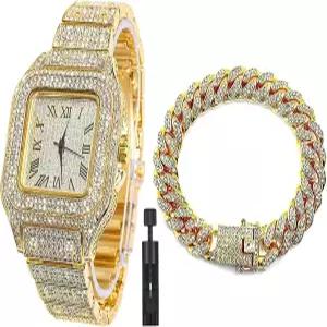 남성용 압직 다이아몬드 스 아웃 시계 CZ 골드 도금 40mm 너비 로마 숫자 다이얼 쿼츠 손목 밴드