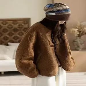 EAMT 여성용 빈티지 호피 퍼 램스울 라운드 카디건 일체형 안감 YJ1