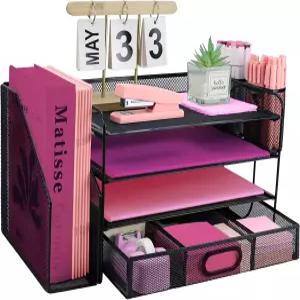 파일 홀더가 있는 이상적인 생활 책상 정리함 및 액세서리 서랍이 4단 종이 편지 트레이 펜 홀더 2개