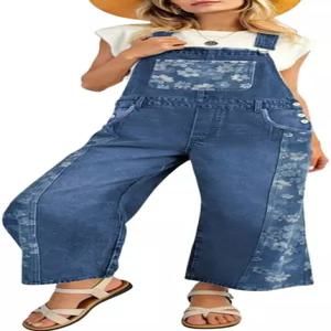 Chouyatou 여성용 루즈 조절 스트랩 데님 빕 전체 플로럴 와이드 레그 크롭 청바지 점프수트