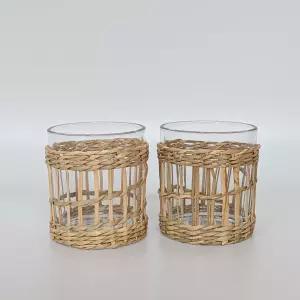 지팡이 랩이 있는 유리 허리케인 캔들 홀더 2 3.2인치 H x 2.7인치 다이아 세트 맑고 자연스러운 해안 장식