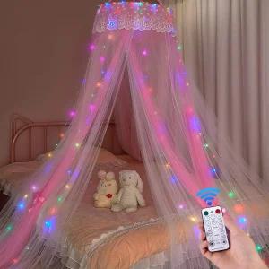 유니콘 캐슬 프린세스 침대 캐노피 여아용 3도어 디자인 리모컨이 있는 더블 레이어 커튼 핑크색