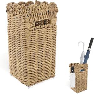 현관 및 야외 현관용 직조 우산 스탠드 내후성 PE 라탄 지팡이 홀더 드립 트레이가 있는 가리비 사각 통