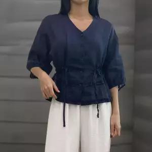 [신상오픈런]여성용 린넨 브이넥 7부 소매 프릴 블라우스 클래식 스타일 (36185392)