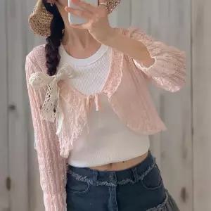 [신상오픈런]여성 파스텔 시스루 프릴 리본 꽃 무늬 볼레로 카디건 (34705529)