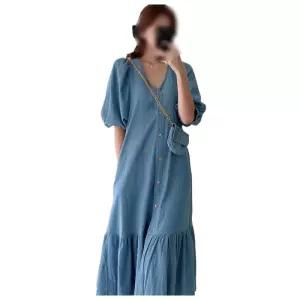 데님원피스 롱 청원피스 루즈핏 연청 브이넥 플레어 진청