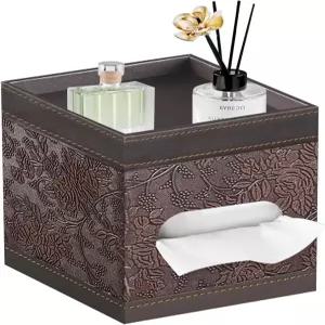 보관 트레이가 있는 사각 티슈 박스 커버 PU 가죽 큐브 홀더 장식 모던 케이스 냅킨 디스펜서 페이셜