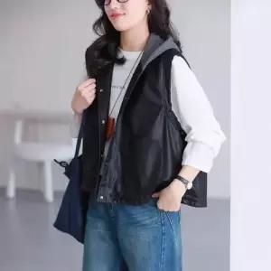 여성 캐주얼 후드 가죽 나시 스트링 조끼 OP1