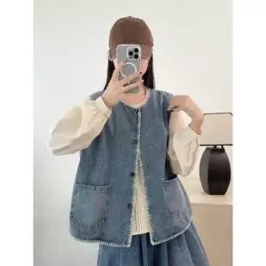 여성용 데님 가을 레이어드 야상 싱글 조끼 OP3