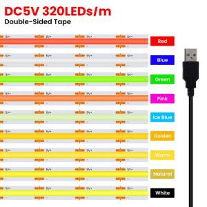 5V USB 3mm 5mm COB LED 스트립 빛 8MM PCB 흰색 빨간색 녹색 분홍색 얼음 파란색 노란색 DC5V 320Led 유