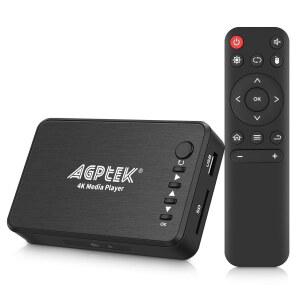 AGPTEK 업데이트 4K@30Hz HDMI TV 미디어 플레이어, HDMI /AV /VGA 출력, 14TB HDD용 디지털 MP4 플레이어 / 256G USB 드라이브 /SD 카드 /H.265 MP4, MP3 AVI RMVB MPEG용 리모컨 등 포함