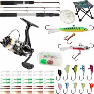 Gonx 얼음 낚싯대 릴 콤보 중형 경량 탄소 섬유 유리 휴대용 완비 키트에는 스키머 예비 막대 회전 낚시