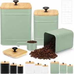 대나무 뚜껑 스푼 밀폐 고용량 커피 차 설탕 밀가루 병 3개와 DIY 라벨 농가 식품 보관용 티온시 주방 용기