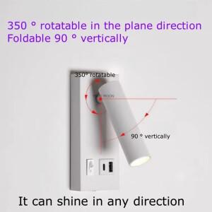 USB 충전 유형-C 회전 표면 장착 독서 벽 조명 램프 LED 5W 스팟 통 천장 침실 호텔 연구 AC85-230V