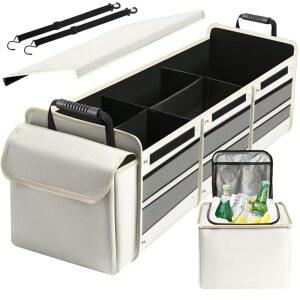 단열 누수 방지 쿨러백이 있는 자동차 트렁크 정리함, 접이식 커버가 방수 휴대용 보관함 대형 수납함 3개, SUV, 자동차, 트럭용 정리함 (베이지)