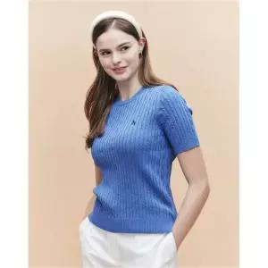 매장정품 HAZZYS 헤지스 LADIES [아이코닉] 리사이클 폴리 혼방 케이블 반팔 풀오버 블루 HSSW5BC36B2 1158