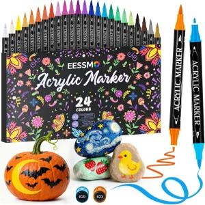 Eessmo 24 컬러 듀얼 팁 아크릴 페인트 마커 암석 페인팅 목재 플라스틱 유리 캔버스 패브릭 호박 DIY
