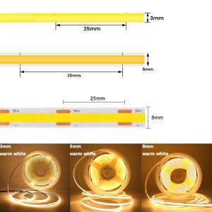 3MM 5MM 8MM PCB COB LED 스트립 5V 빛 배터리 전원 320LED/M 빨간색 녹색 파란색 분홍색 플렉스 접착 테