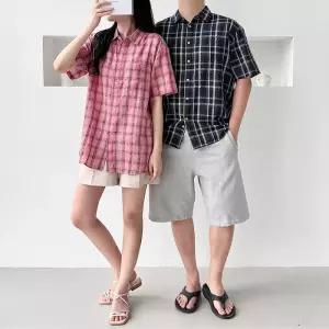 커플 체크 반팔셔츠 여름 남녀오버핏 데일리 캐주얼 남방