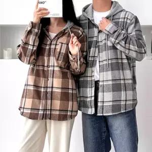 남녀공용 체크 후드셔츠 데일리 커플 플란넬 파자마 남방