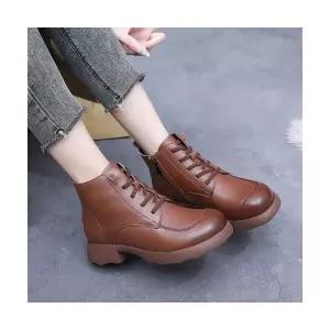 여성용 가을 가죽 엄마룩 플랫워커 리얼 통굽 싱글 부츠 소가죽 기모 앵클 헤드업 OP3