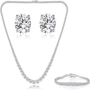 젬스미 18K 화이트 골드 도금 테니스 목걸이/팔찌/귀걸이/밴드 링 세트 저자극 주얼리 팩 4종