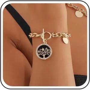 쥬기엘루 빈티지 라이프 트리 코인 팔찌 골드 청키 링크 체인 반짝이는 크리스탈 CZ 펜던트 토글 원형