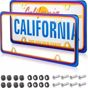 레드 울프 2Pcs 방향성 크롬 번호판 프레임 미러 폴리쉬 카멜레온 블루 태그 스테인리스 스틸 브래킷 홀더